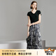 顏域收腰黑色連衣裙2024新款女夏季印花中長款假兩件短袖V領裙子 黑色 2XL