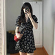 妙奕嘉黑色碎花連衣裙純欲裙子女夏季2025新款包臀長裙夏天海邊沙灘裙 泡泡袖v領(lǐng)甜欲連衣裙 L 【建議95-105斤】