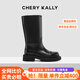 CHERY KALLY【都市幻影】氣質(zhì)騎士靴女士2025新款秋冬黑色粗跟真皮中筒靴女靴 黑色 Black 37
