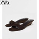 ZARA2025秋季新款一字帶拖鞋沙灘度假風(fēng)中跟涼拖鞋粗跟外穿拖鞋女 深棕色 37