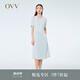 OVV2023春夏新款女裝單面緞三醋酸經(jīng)典圓領清爽百褶短袖連衣裙 藍灰（凈色）06 L
