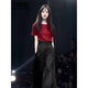 丹珠娜（DanZhuNa）休閑褲女裝夏季2025新款時尚穿搭套裝氣質(zhì)通勤風(fēng)法式闊腿長褲子女 9717紅色+黑色褲子 XL