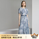 顏域印花短袖連衣裙女裝2024新款夏裝復(fù)古通勤藍(lán)色中長款圓領(lǐng)裙子 藍(lán)花 XL/42