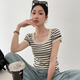 衣品元新款2025年夏季條紋T恤女士短袖正肩半袖女裝通勤風(fēng)女式寬松上衣 杏黑條紋短袖均碼【80斤-120斤】 均碼 杏黑條紋短袖【85斤-120斤】