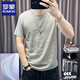 羅蒙（ROMON）2025夏季新款棉麻男士短袖t恤修身簡約圓領(lǐng)上衣薄款半袖麻料體恤 杏色 M