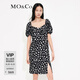 MO&Co.小雛菊碎花大方領泡泡袖開叉連衣裙氣質高端裙子女 黑底白花色 M 165