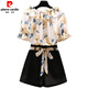 皮爾卡丹（pierre cardin）大碼女裝2025夏裝新款洋氣減齡遮肚雪紡衫胖妹妹時(shí)尚顯瘦短褲套裝 黑色短褲+上衣【可鹽可甜 套裝】 L 100-120斤