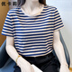 條紋短袖t恤女2025新款寬松正肩上衣洋氣媽媽圓領(lǐng)顯瘦半袖體恤衫 寶石藍 2588 2XL 【125-140斤】