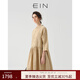 EIN言文藝古著感立領(lǐng)休閑棉麻碎褶直筒八分袖連衣裙春新款 淺杏 S