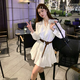 麓格立 衣服女新款白色V領法式復古褶皺高級時尚顯瘦遮肉甜美仙女連衣裙 白色+腰帶M【建議90-110斤】