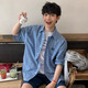 迪伽達美式潮流藍色短袖格子襯衫男士寬松韓系格紋外穿搭襯衣miu系新款 NFJQ-C130藍色 XL
