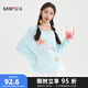 三福長(cháng)T恤2025夏季寬松側邊抽繩撞色條紋罩衫上衣女裝503877 藍白條 S