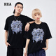HEA 經(jīng)典大獅頭寬松短袖T恤棉感重磅T恤提花牛仔布拼接立體情侶裝 黑色 M