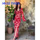 MISS YINER2025夏季新款茶歇碎花法式荷葉邊輕松度假氛圍感吊帶開衩碎花裙 紅色連衣裙 S 建議80-100斤