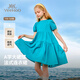 英氏（YEEHOO）女童連衣裙兒童裙子夏季薄款純棉淑女公主裙中大童裝洋氣夏裝新款 泡泡袖-藍綠 150