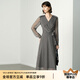 顏域長(zhǎng)袖V領(lǐng)印花長(zhǎng)裙女裝2024新款秋裝垂墜感裙子氣質(zhì)收腰連衣裙 黑花 XL/42