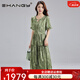 Ehangy輕奢品牌連衣裙女2025夏季新款高級(jí)感法式印花收腰顯瘦漂亮裙子 綠色 2XL