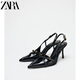 ZARA2025早秋季新款黑色漆皮尖頭交叉絆帶高跟鞋女細(xì)跟涼鞋露跟設(shè)計感 黑色 38 現(xiàn)貨秒發(fā)