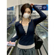 佐敘純欲風(fēng)長(zhǎng)袖t恤女2025秋新款設(shè)計(jì)感小眾辣妹純色V領(lǐng)假兩件修身上衣 藏青色 L （95-110斤）