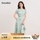 珂萊蒂爾2025夏季新款氣質(zhì)V領(lǐng)短袖連衣裙女拼接印花裙 淡藍(lán)綠色 L