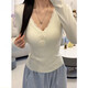 匯媚針織衫女2025秋冬新款蕾絲V領(lǐng)磨毛設計感韓系百搭修身打底衫內搭 杏色 S 建議90斤內