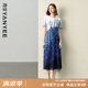 顏域不規(guī)則印花連衣裙女2025夏季新款高腰顯瘦過(guò)膝雪紡收腰長(zhǎng)裙子 藍(lán)花 2XL