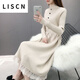 LISCN加絨加厚針織連衣裙女中長(cháng)款過(guò)膝長(cháng)裙秋冬收腰顯瘦系帶打底毛衣裙 米白色 S 80-95斤