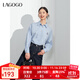 LAGOGO純棉藍白條紋刺繡長(cháng)袖襯衫女拉谷谷春秋新款清新百搭上衣 藍白(NV) S