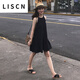 LISCN2025夏季新款韓版復(fù)古初戀掛脖圓領(lǐng)小黑裙鏤空露肩連衣裙女裝 黑色 M