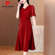 皮爾卡丹媽媽紅色v領(lǐng)雪紡連衣裙女夏季新款喜婆婆婚宴裝顯瘦收腰中長(cháng)裙子 紅色 2XL