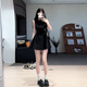 GARNUO黑色連衣裙女夏季小個子高級感赫本風(fēng)法式裙子純欲收腰小黑裙短裙 黑色 M 【101-110斤】