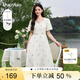 朵以（Duoyi）2025夏季新款法式V領(lǐng)碎花連衣裙立體刺繡玫瑰仙女歐根紗中長(zhǎng)裙女 米杏 S