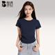 別語(yǔ)正肩短袖t恤女夏季設計感抽褶收腰小飛袖短款上衣 藏藍色  M 