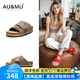 AU&MU2025夏季新款軟木厚底勃肯鞋增高外穿女鞋復(fù)古牛皮涼拖鞋男大碼 灰色【真皮】【軟木升級(jí)款】 2061 37