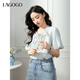 LAGOGO含桑蠶絲木耳邊通勤襯衫女拉谷谷2025春夏新款燈籠袖上衣 藍色 S