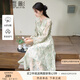 香影新中式綠色印花連衣裙女2025秋季新款系帶圓領收腰長袖碎花裙 綠色 S