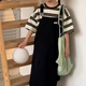 紛資言2025女童夏季俏皮學(xué)院風(fēng)新款條紋T恤上衣工裝背帶連衣裙兩件套潮 條紋上衣+背帶裙兩件套 110