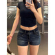 美式復(fù)古低腰豐胯牛仔短褲女2025夏季新款彈力百搭a字包臀熱褲子 藍(lán)色 M