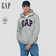 GAP男女裝春款LOGO抓絨寬松連帽拉鏈衛衣休閑上衣786376 淺灰色 M (170/92A)亞洲尺碼【偏大,建議拍小一碼】