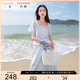 三彩大碼女裝2025夏新款條紋花邊開衫半身裙兩件套裝小清新胖MM