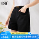 歐莎（OSA）抗菌涼感牛仔短褲女士夏季新款顯瘦高腰清涼側(cè)邊小開叉微闊腿褲子 黑色 L