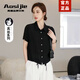 奧絲婕（Aosijie）高端品牌100%真絲短袖襯衫女2025夏季新款休閑寬松桑蠶絲襯衣上衣 黑色【100%桑蠶絲】 3XL 體重135-165斤
