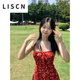 LISCN洗水皺+原布肩帶可調節日系碎花吊帶連衣裙子女夏季度假風(fēng)ins潮休 紅色 M
