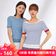 哥弟真的好（GIRDEAR）女裝一字領(lǐng)拼色條紋短袖針織T恤衫女A300744 湖藍(lán) M (3碼)