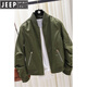 JEEP SPIRIT春秋季飛行員夾克女棒球服寬松bf韓版學(xué)生情侶外套短款男女上衣 有內襯-軍綠色-拉鏈口袋 金色拉 M 女 (女生90-105斤穿)
