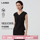 藍地（LANDI）[減壓式穿搭]LANDI醋酸V領(lǐng)褶皺設計收腰小衫女套裝T恤2025夏新品 石墨黑上衣 L