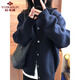 俞兆林藏青色外套女針織開衫女春秋寬松慵懶風別致休閑百搭感毛衣上衣 藏青色 2XL 【建議130-150斤】