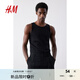 H&M男裝背心夏季簡(jiǎn)約修身圓領(lǐng)羅紋直筒健身運(yùn)動(dòng)無袖T恤上衣1227155 黑色 M 175/100