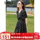 百圖betu女裝2025夏季新款連衣裙V領(lǐng)泡泡袖印花收腰設計裙子女2503D07 黑色 M