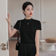 莀楚白色小高領(lǐng)修身短袖t恤女2025夏季立領(lǐng)薄款顯瘦收腰百搭上衣棉 黑色 L